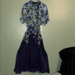 Julia Jordan Placed Floral Midi Dress Chiffon Lined Navy Green Sz 8 Brunch NWT